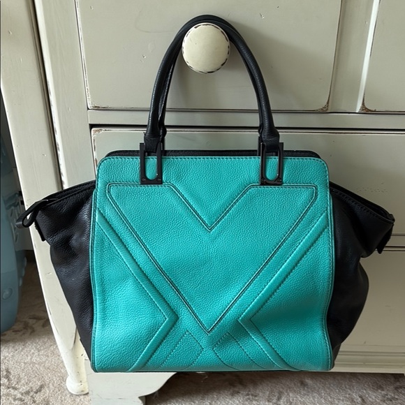 Milly Handbags - Milly Black and Turquoise Satchel with Geometric Stitching